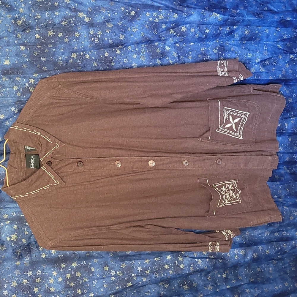 [EUC] ERIKA Vintage Boho Brown & Cream Embroidered 3/4 Sleeve Button-down Jacket